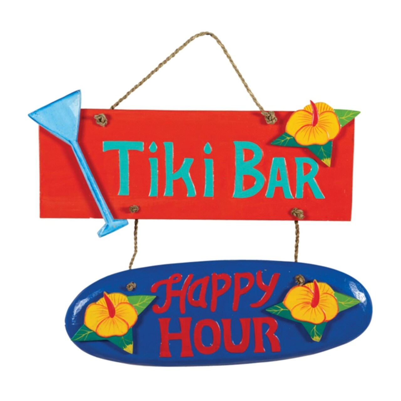 RAM Outdoor Decor Hand-Painted Acacia Wood Tiki Bar, Happy Hour Wall Art Sign
